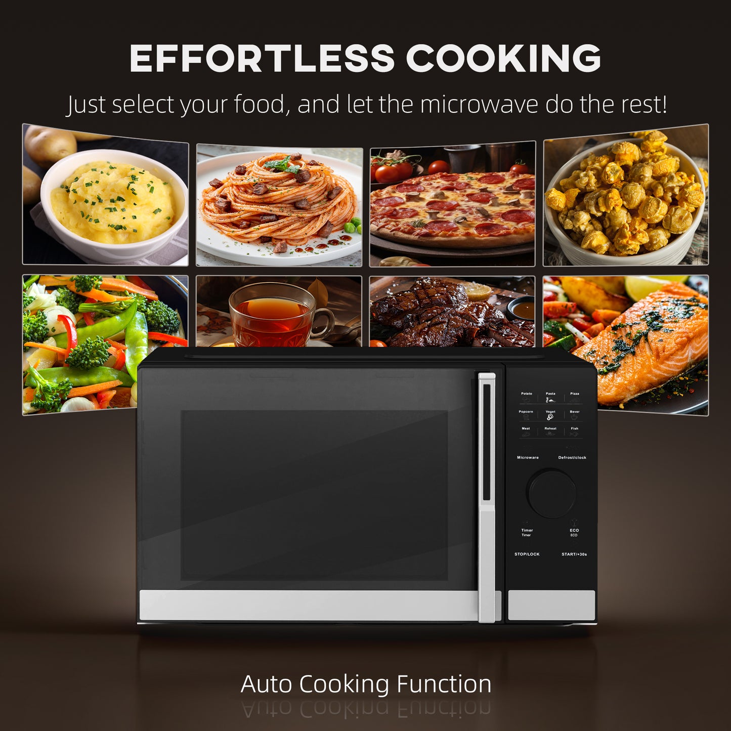 HOMCOM 23L 800W Microwave Oven, Digital Solo Microwave with 10 Power Levels, Automatic Defrost, 8 Auto Cook Menus, 60 Minutes Timer, Clock, Easy Clean, Small Black Microwave