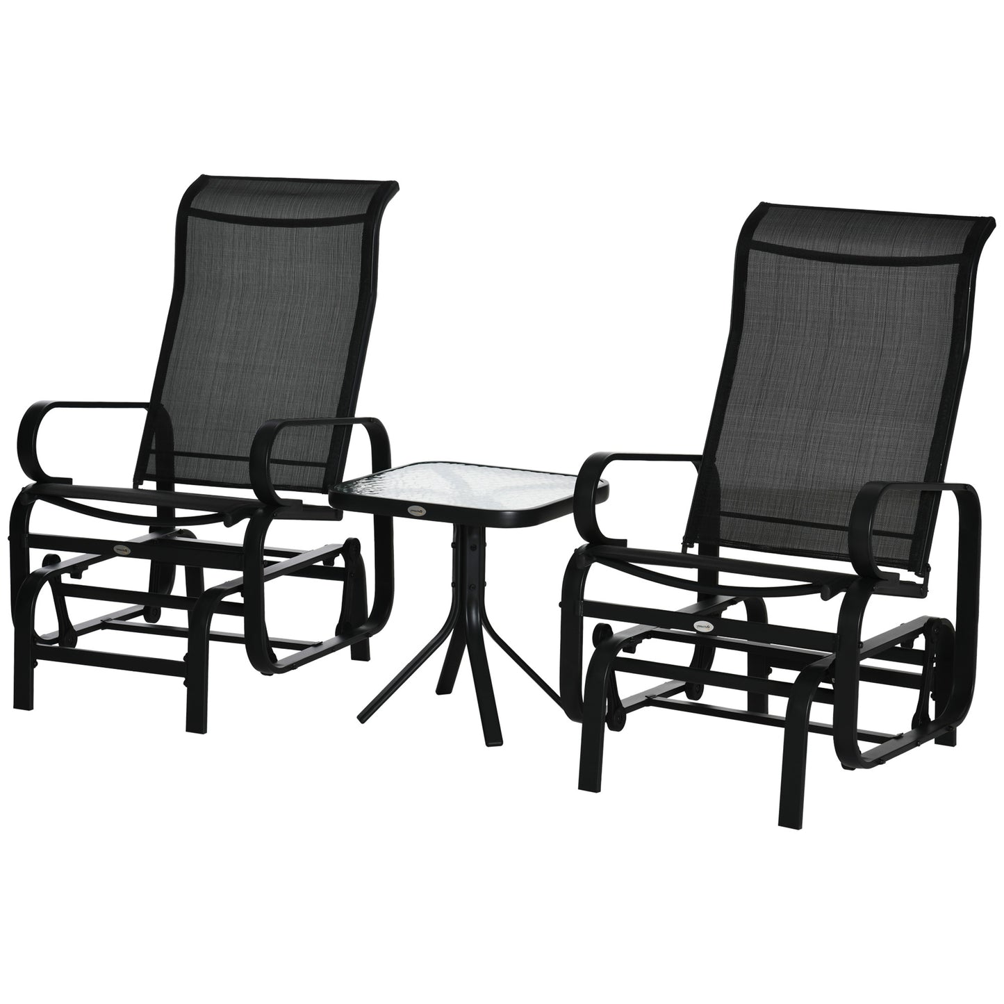Photo of Outsunny 3 Pieces Garden Gliding Chair Set, Metal Frame 2 Single Armchair Swing Seater and 1 Glass Top Coffee Table w/ Breath Mesh Fabric Seat, Black in Black colour on a white background
