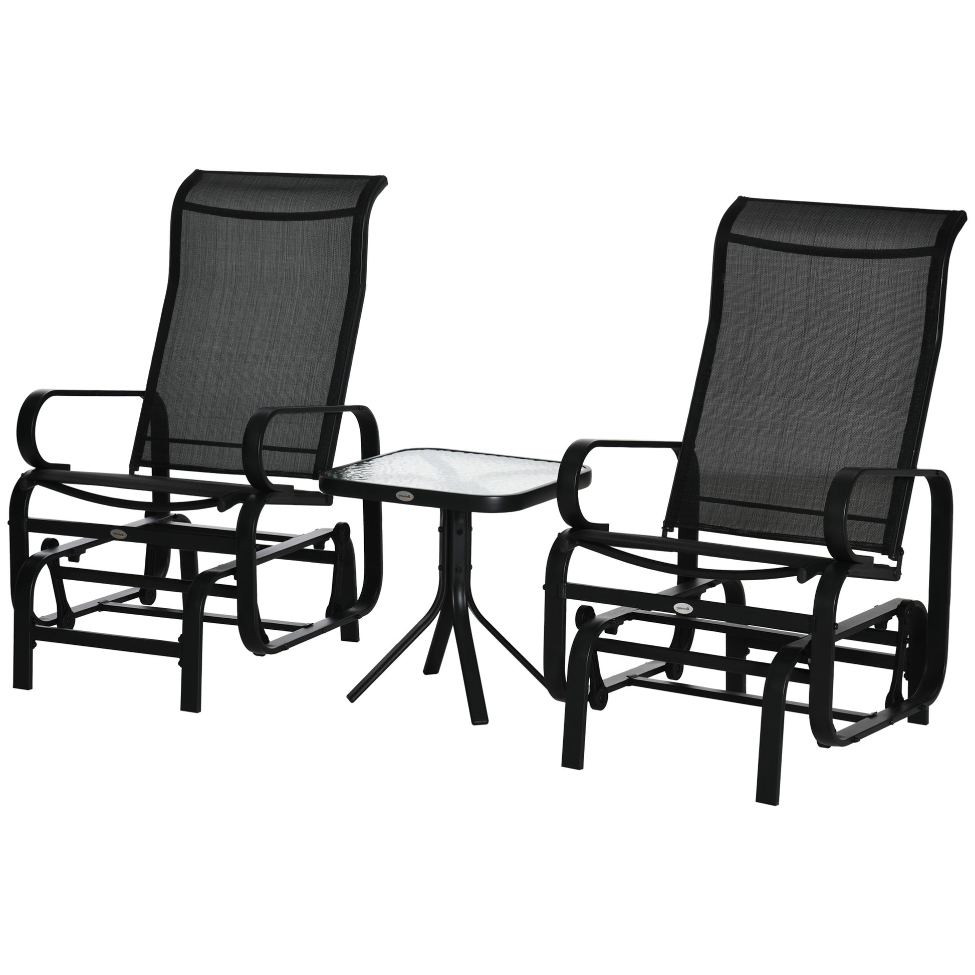 Photo of Outsunny 3 Pieces Garden Gliding Chair Set, Metal Frame 2 Single Armchair Swing Seater and 1 Glass Top Coffee Table w/ Breath Mesh Fabric Seat, Black in Black colour on a white background