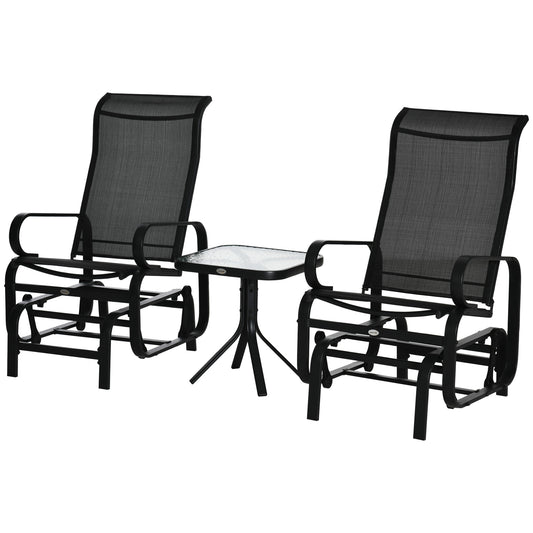 Photo of Outsunny 3 Pieces Garden Gliding Chair Set, Metal Frame 2 Single Armchair Swing Seater and 1 Glass Top Coffee Table w/ Breath Mesh Fabric Seat, Black in Black colour on a white background