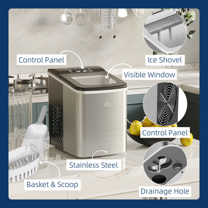 HOMCOM stainless steel ice maker with control panel, viewing window, basket, scoop and drain hole