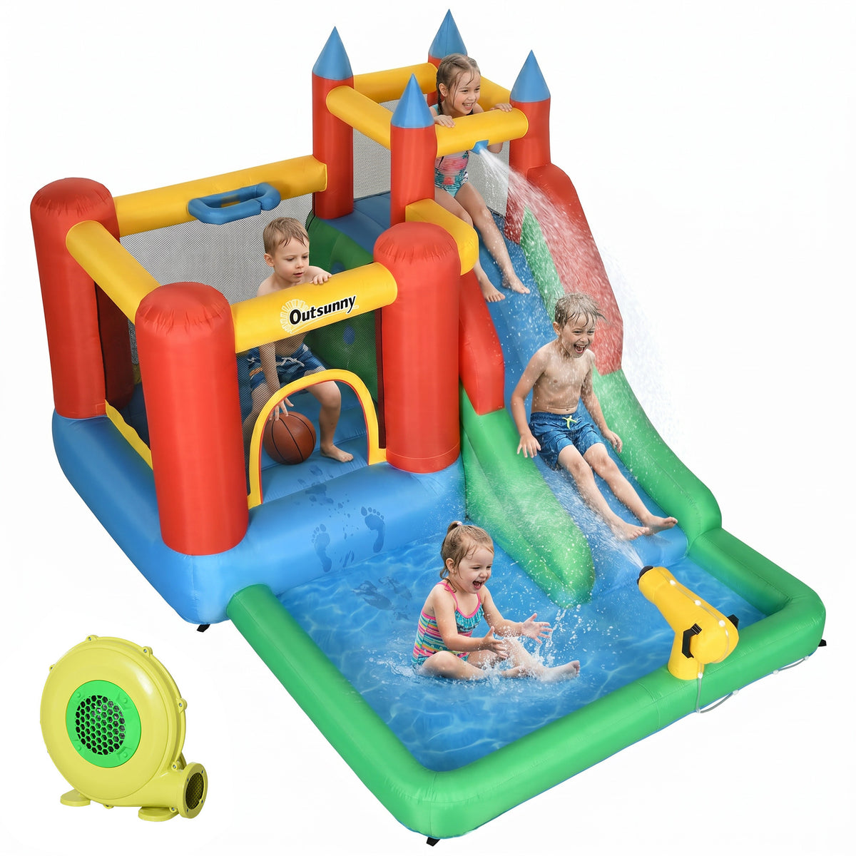 Outsunny inflatable bounce house with water slide, splash pool, climbing wall, water gun and blower