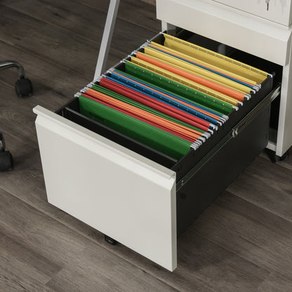 Open bottom drawer of a white metal filing cabinet holding hanging folders.