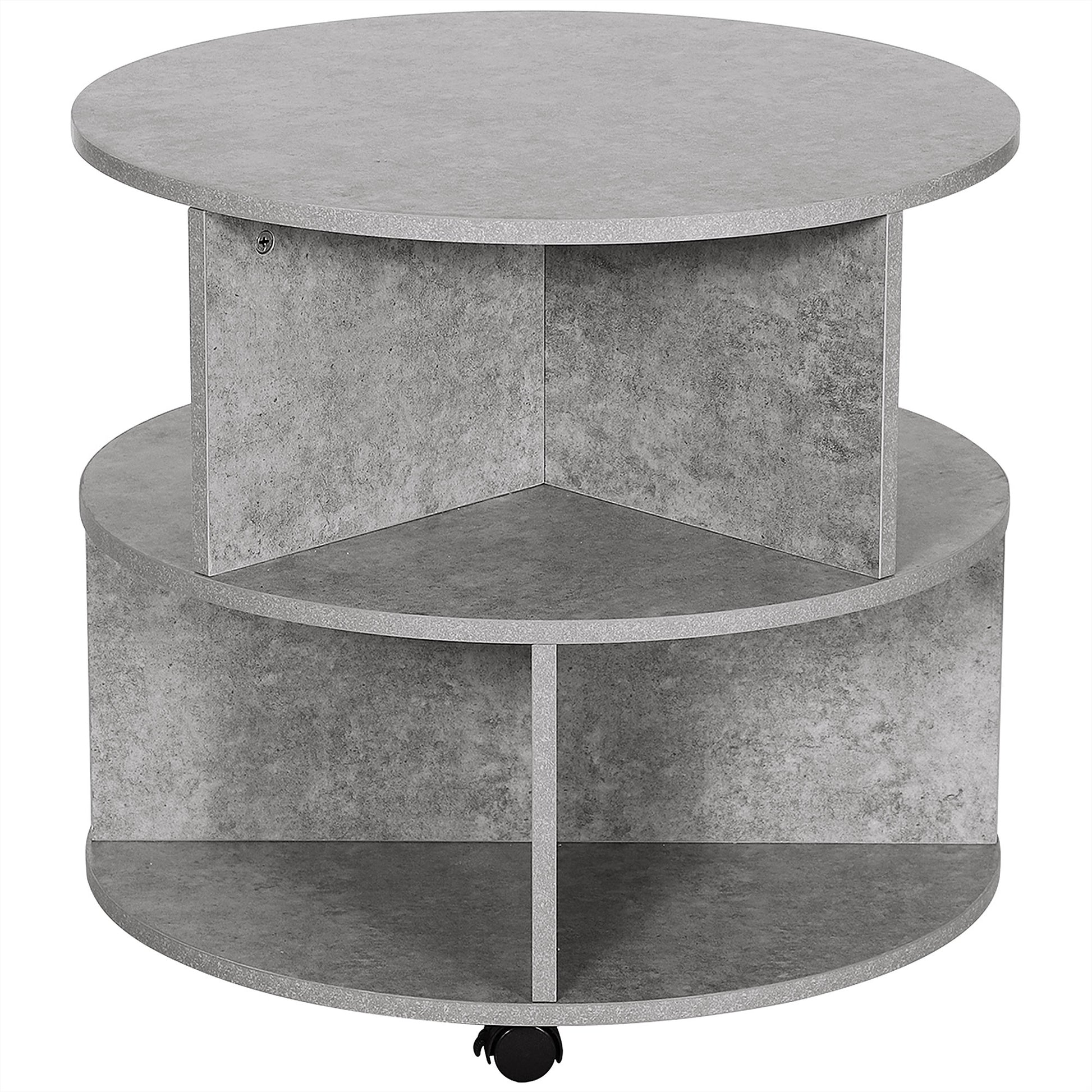 Photo of HOMCOM Round Coffee Table with Wheels, 3-Tier Rolling Side Table for Living Room with Divided Shelves, Cement Colour in Colour colour on a white background