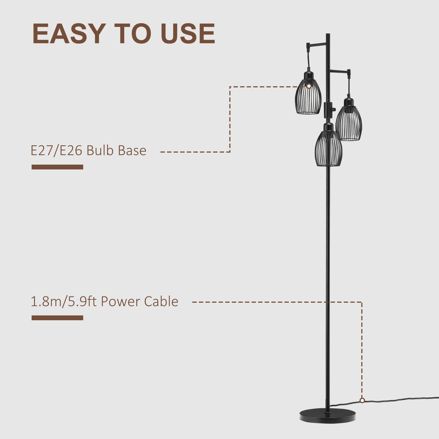 HOMCOM 3-Light Floor Lamp, 170cm Industrial Dimmable Standing Lamp with Steel Wire Cage Lampshades for Living Room, Bedroom, Dining Room, Study, Bulb Not Included, Black
