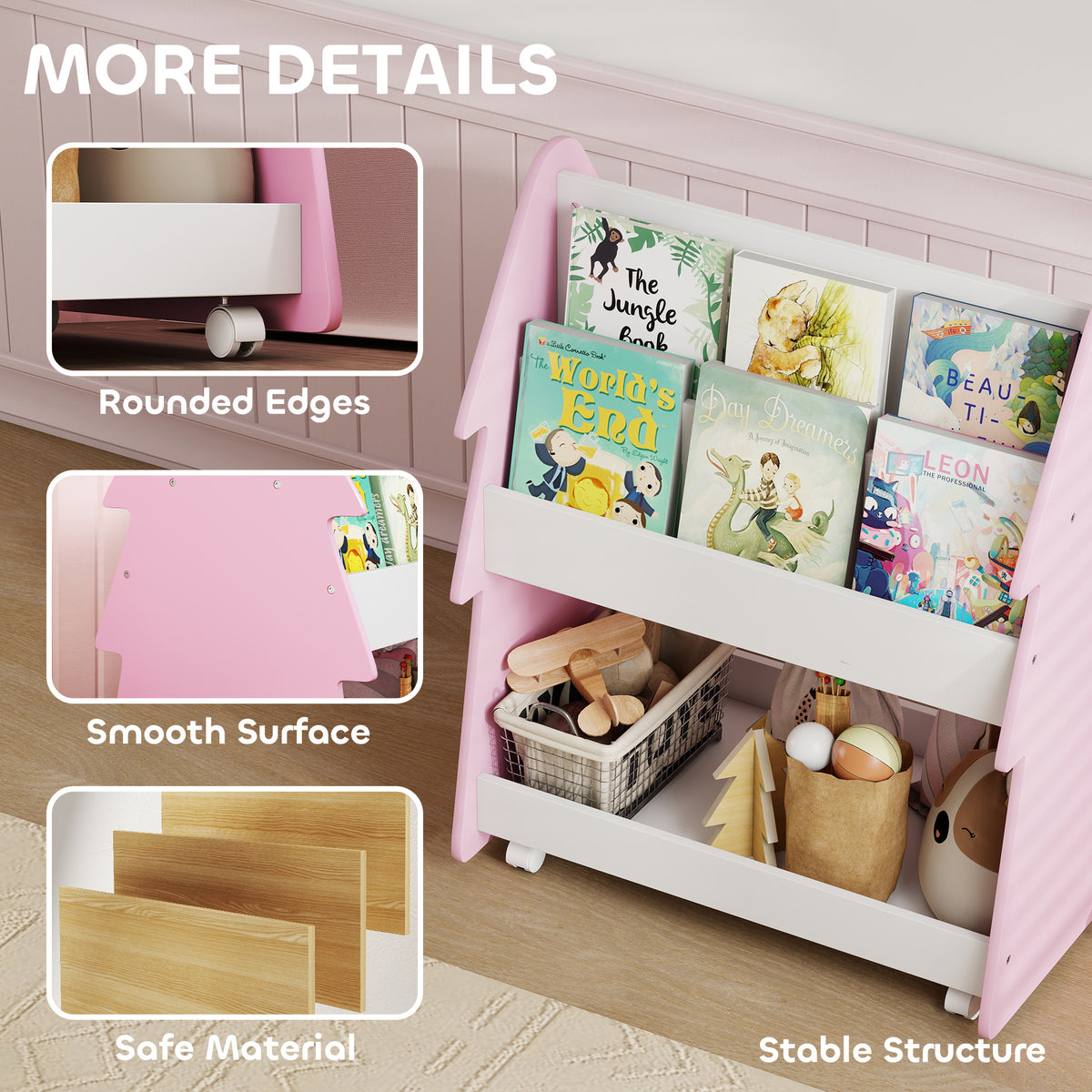 AIYAPLAY Kids Bookshelf with Toy Storage, Double-Sided Bookcase with Wheels, 3 Tier Kids Book Rack for Bedroom, Pink