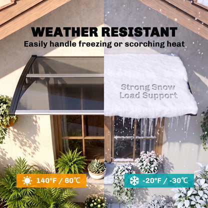 Outsunny black door canopy shown with snow on one side to illustrate weather resistance