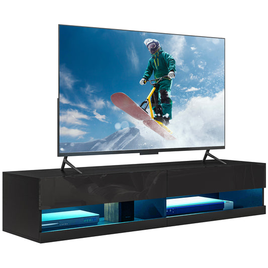 Photo of HOMCOM Floating TV Unit, Wall Mounted TV Cabinet for TVs up to 65", High Gloss Media Wall Unit with LED Lights, Storage Shelves, APP Control for Living Entertainment Room, Black in Black colour on a white background