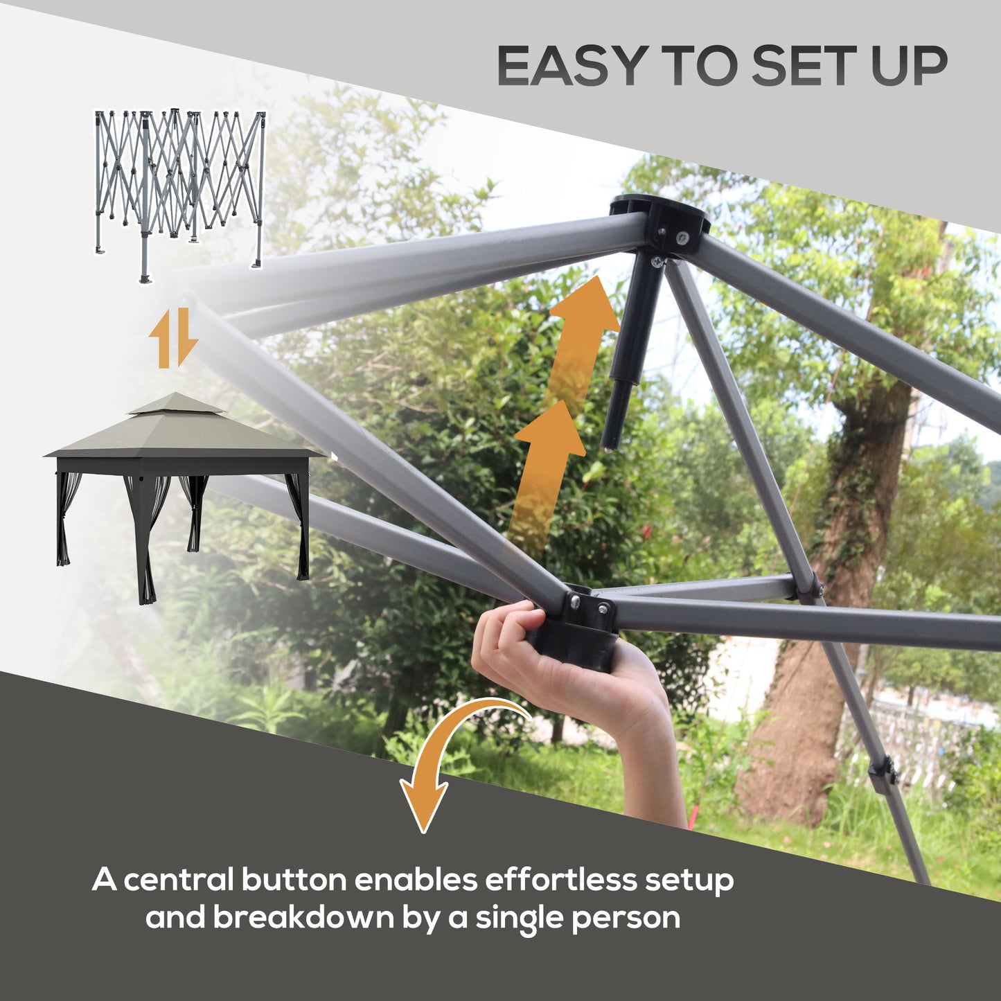 Outsunny 3 x 3(m) Pop Up Gazebo with Mosquito Netting, Easy Setup Marquee Party Tent with 1-Button Push, Double Roof, Carry Bag, Sandbags, Height Adjustable Instant Shelter, Grey