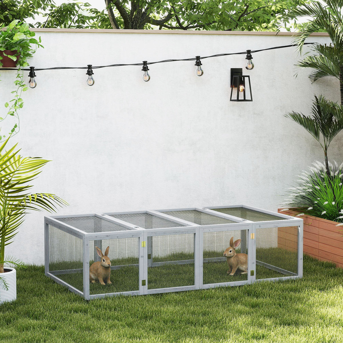 PawHut 6ft Outdoor Rabbit Hutch for 2-4 Rabbits, Fir Wood Run with Wire Mesh & Openable Roof, 181 x 100 x 48 cm, Grey