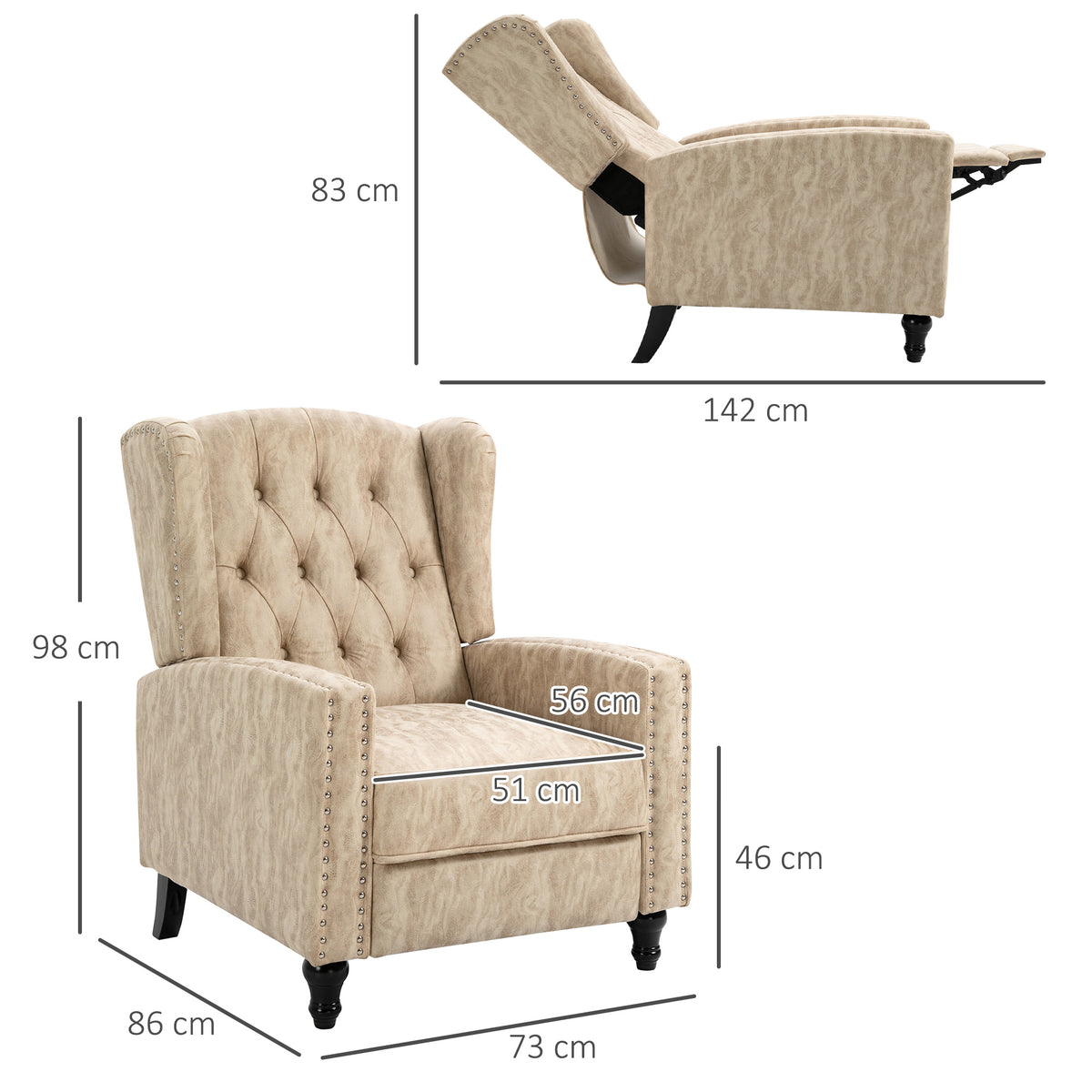 HOMCOM beige reclining armchair with dimensions and seat measurements shown
