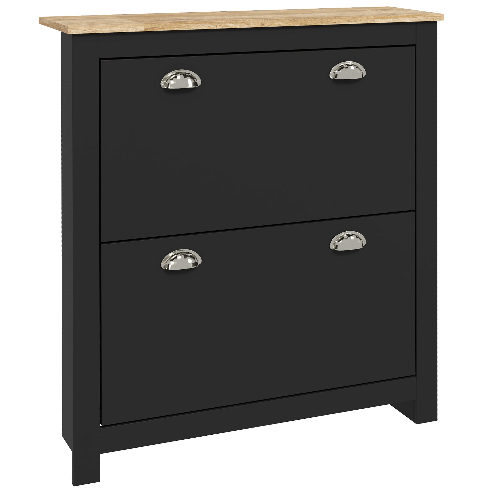 Photo of HOMCOM 2 Drawer Shoe Cabinet Modern Narrow Shoe Cupboard Hallway Wooden Storage Organiser with Flip Doors Adjustable Shelf for 6-12 Pairs, Black in Black colour on a white background