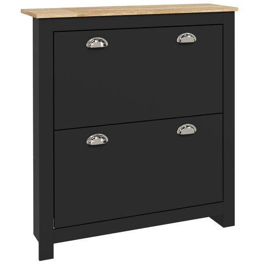 Photo of HOMCOM 2 Drawer Shoe Cabinet Modern Narrow Shoe Cupboard Hallway Wooden Storage Organiser with Flip Doors Adjustable Shelf for 6-12 Pairs, Black in Black colour on a white background