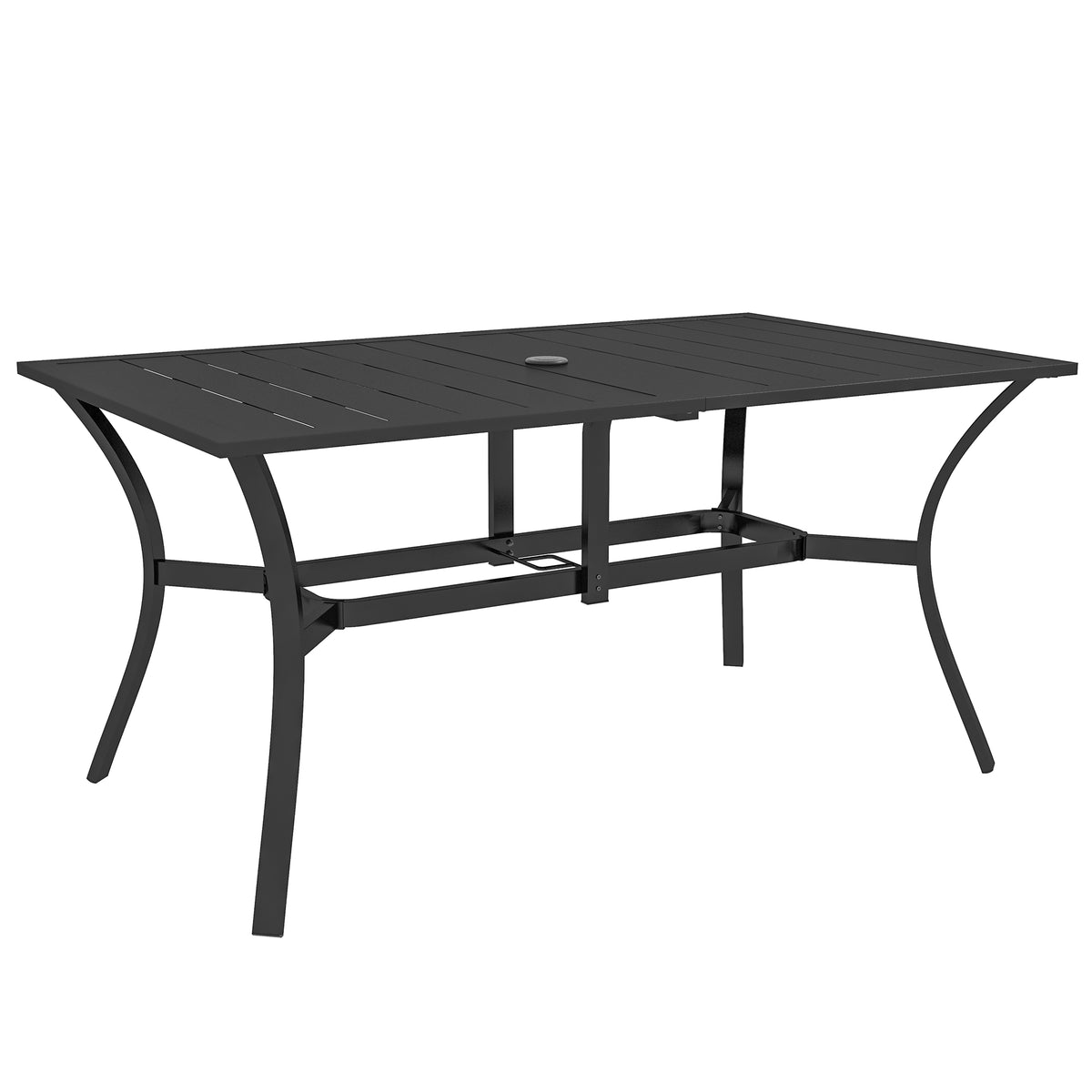 Photo of Outsunny Garden Dining Table with Parasol Hole, Patio Table with Steel Frame and Slat Tabletop, Black in Black colour on a white background