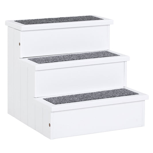 Photo of PawHut Dog Steps for Bed Sofa, 3 Step Wooden Dog Stairs for Sofa, Pet Stairs with Storage for Small Cats and Puppy, White in White colour on a white background