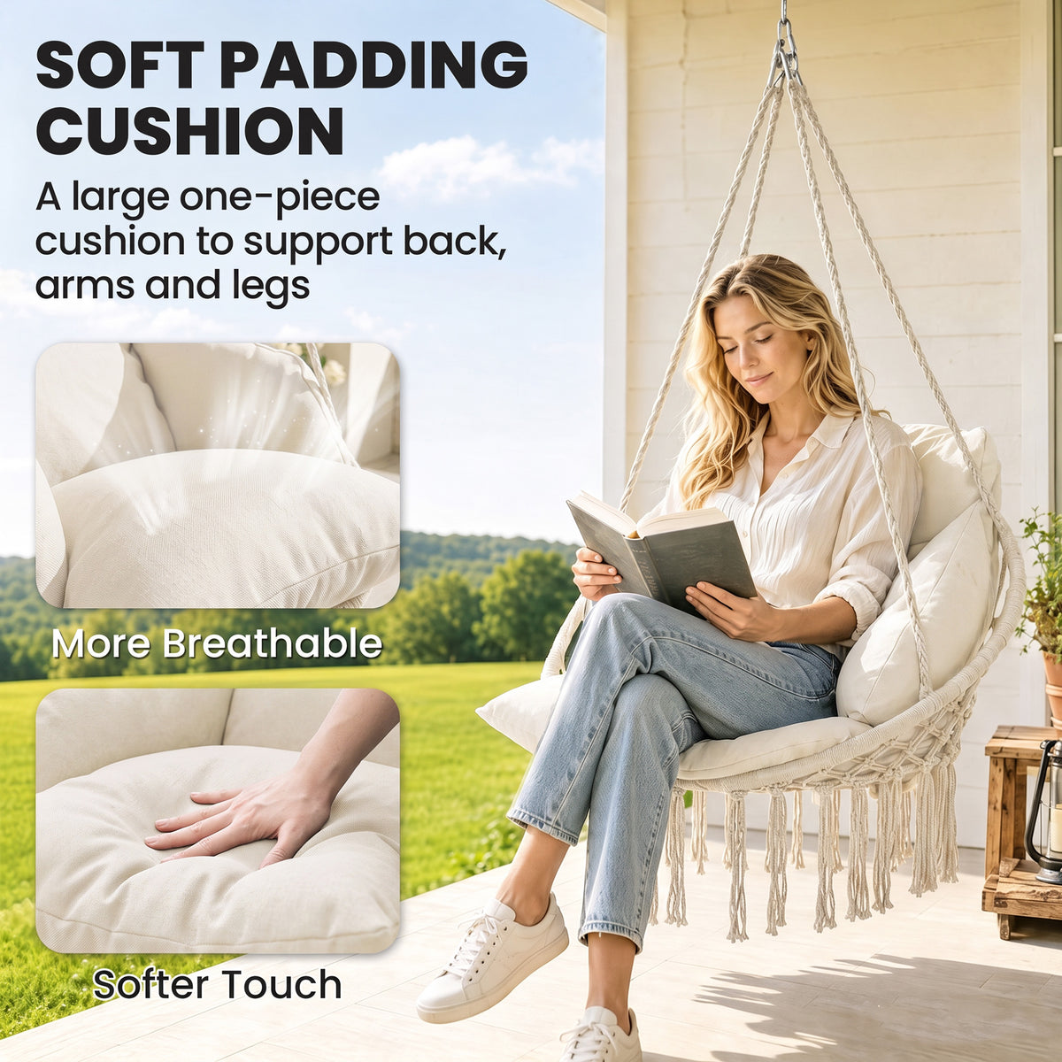 Outsunny hanging hammock chair with a thick, soft cream cushion supporting the back and arms