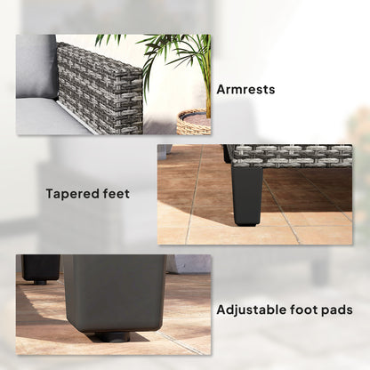 Wicker sofa details showing woven armrests, tapered legs, and adjustable foot pads