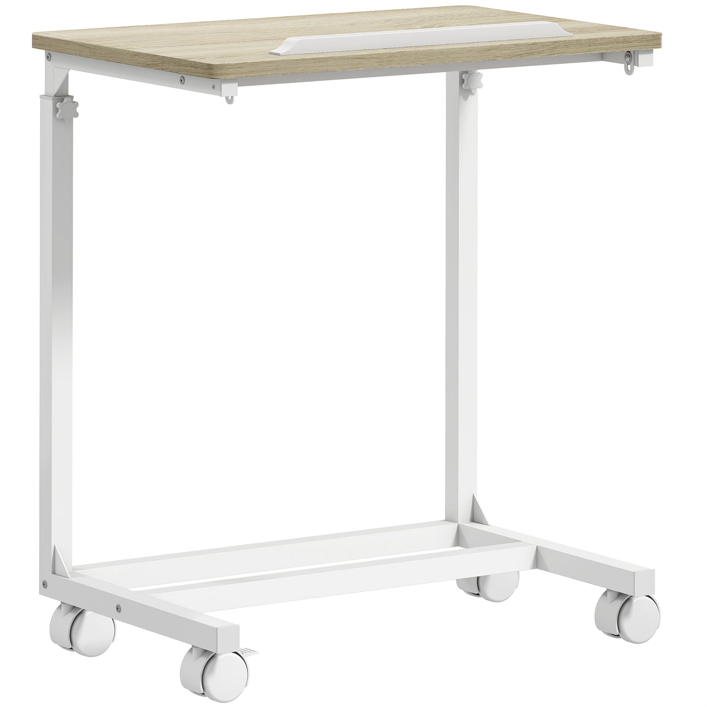 Photo of HOMCOM C-Shaped Sofa Side Table, Height Adjustable Overbed Table with Tilting Desktop, Mobile Laptop Desk for Living Room Bedroom, Oak and White in White colour on a white background