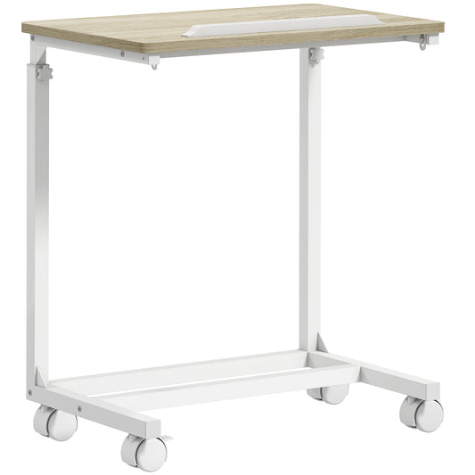 Photo of HOMCOM C-Shaped Sofa Side Table, Height Adjustable Overbed Table with Tilting Desktop, Mobile Laptop Desk for Living Room Bedroom, Oak and White in White colour on a white background