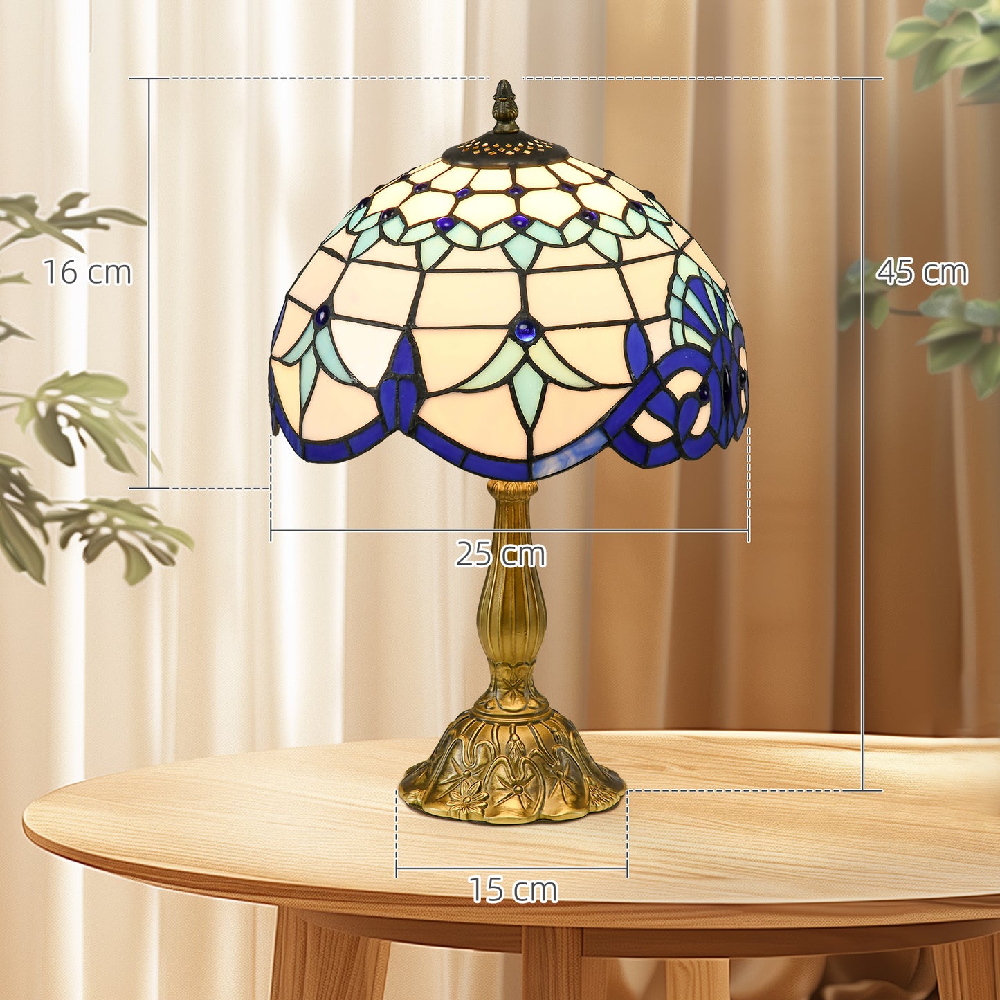HOMCOM Tiffany Stained Glass Table Lamp, Handmade Antique Bedside Lamp for Bedroom, Living room, Home, Nightstand, Decorative Night Light, Blue