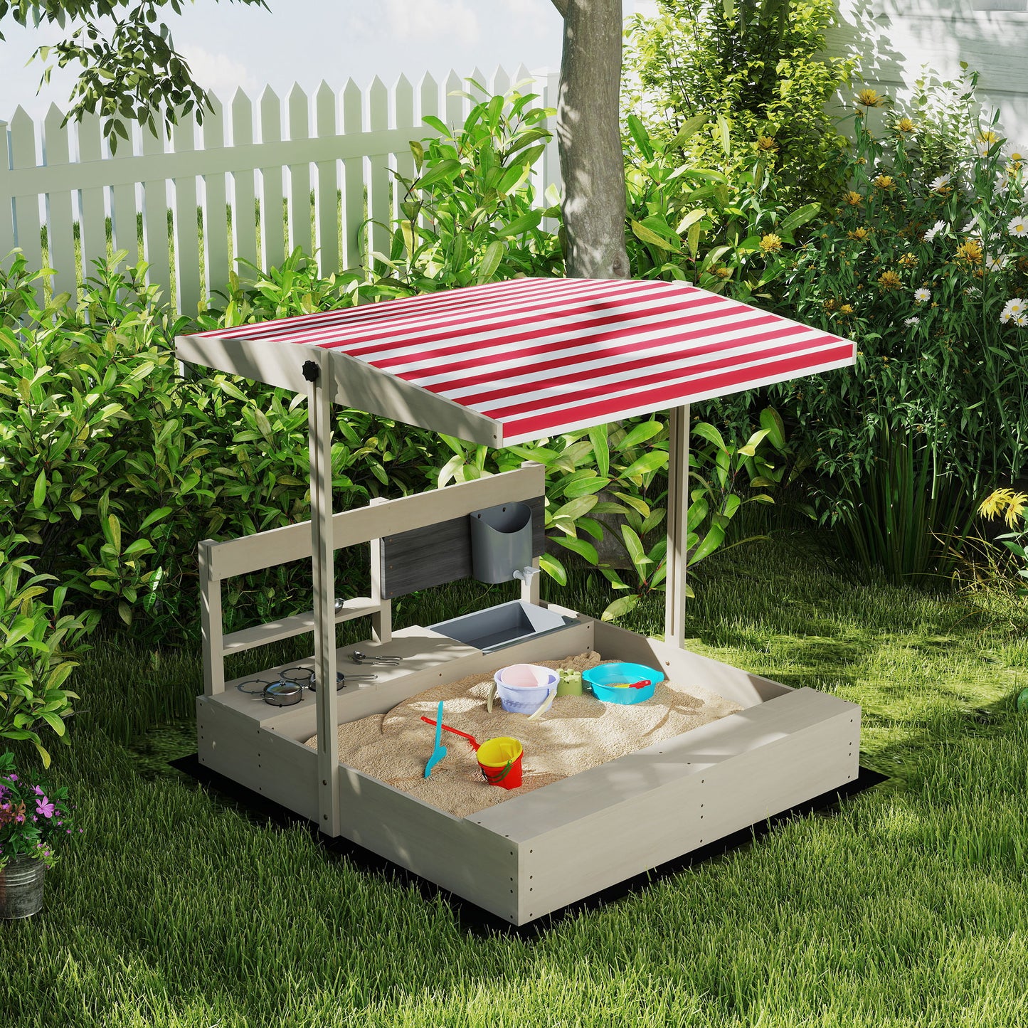 Outsunny Kids Wooden Sandbox w/ Canopy, Kitchen Toys, Seat, Storage, for Ages 3-7 Years