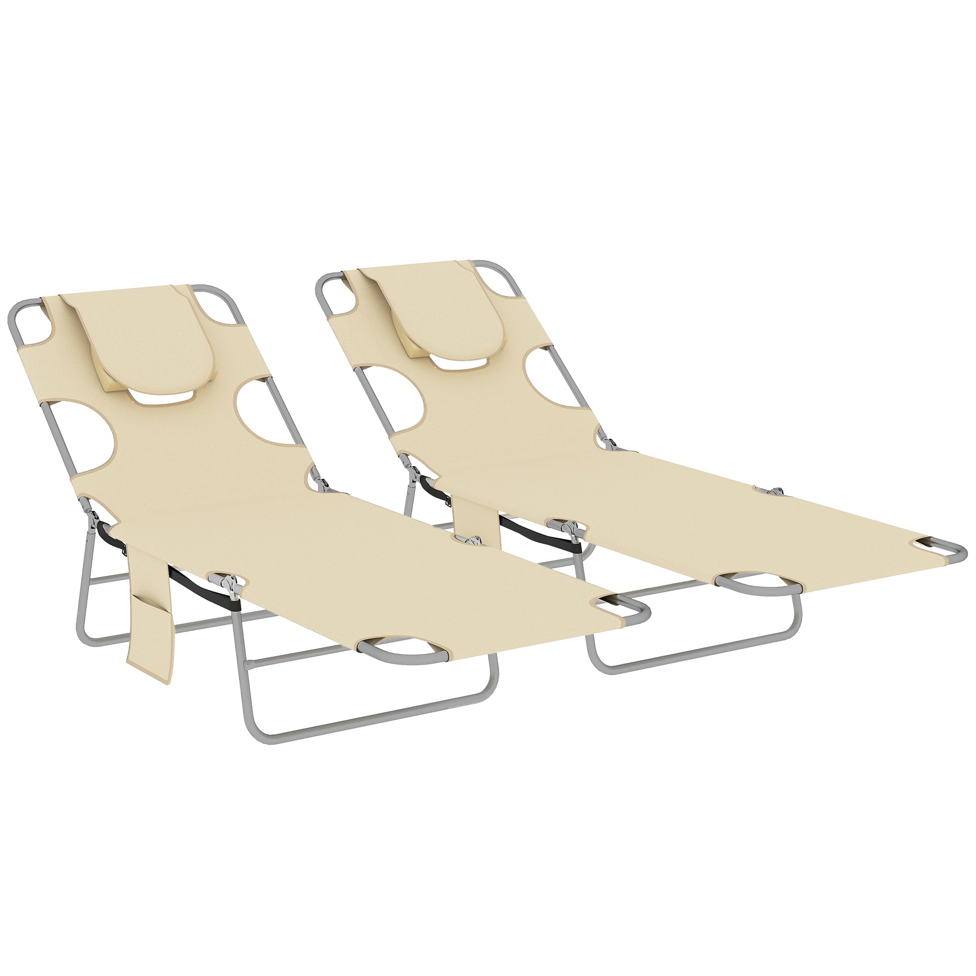 Photo of Outsunny 5-Position Adjustable Sun Loungers Set of 2 with Reading Hole and Side Pocket, Beige in Beige colour on a white background