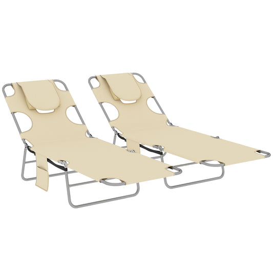 Photo of Outsunny 5-Position Adjustable Sun Loungers Set of 2 with Reading Hole and Side Pocket, Beige in Beige colour on a white background