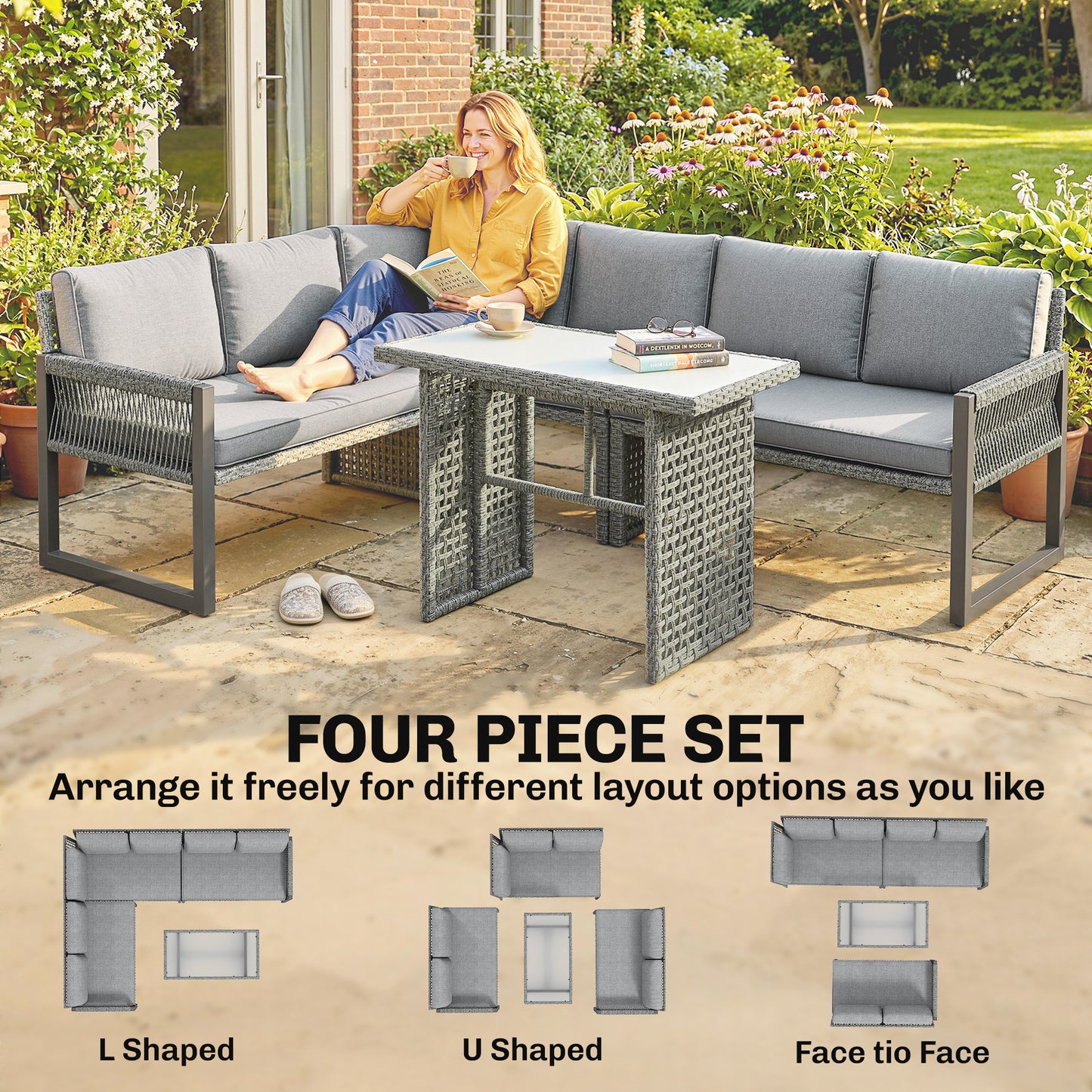 Outsunny 6 Seater Rattan Garden Furniture Set with 3 Loveseats, Table, Patio Rattan Corner Sofa Set, Grey