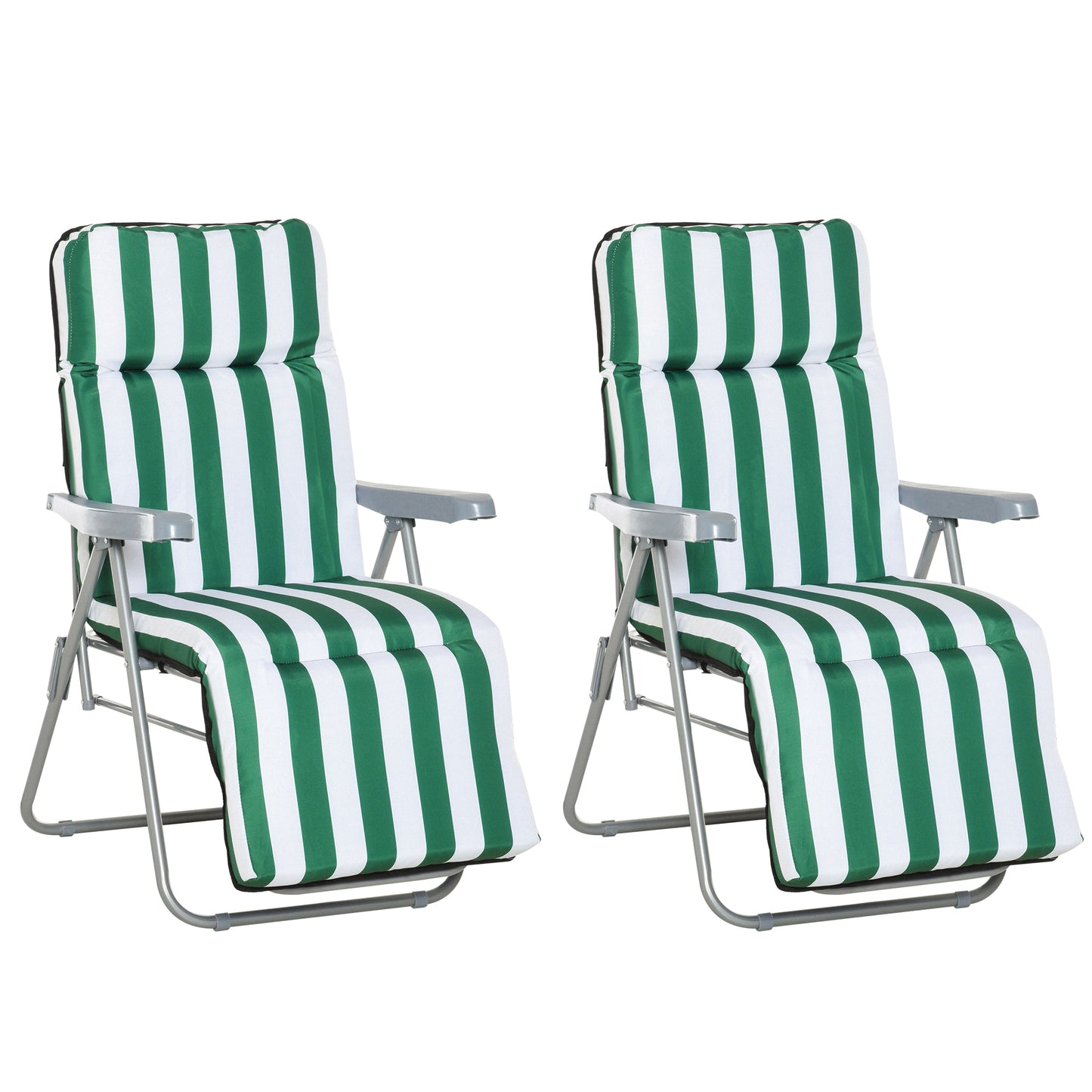 Photo of Outsunny 2 Pieces Outdoor Sun Lounger Set with Cushions, Patio Folding 5-Level   Adjustable Backrest Recliner Chairs Set of 2 with High Backrest and Armrests, Green & White in White colour on a white background