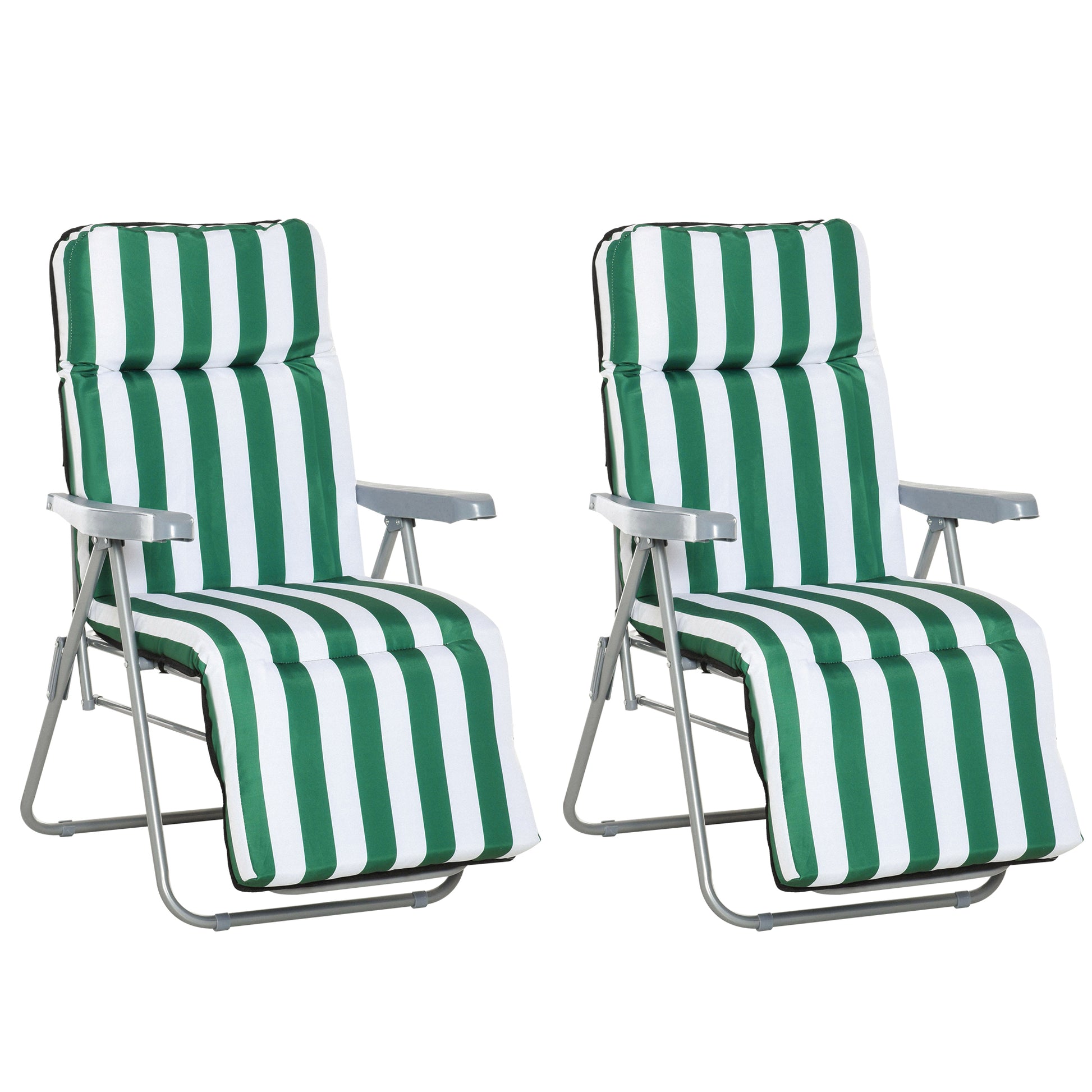 Photo of Outsunny 2 Pieces Outdoor Sun Lounger Set with Cushions, Patio Folding 5-Level   Adjustable Backrest Recliner Chairs Set of 2 with High Backrest and Armrests, Green & White in White colour on a white background