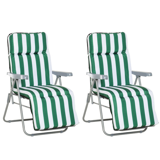 Photo of Outsunny 2 Pieces Outdoor Sun Lounger Set with Cushions, Patio Folding 5-Level   Adjustable Backrest Recliner Chairs Set of 2 with High Backrest and Armrests, Green & White in White colour on a white background