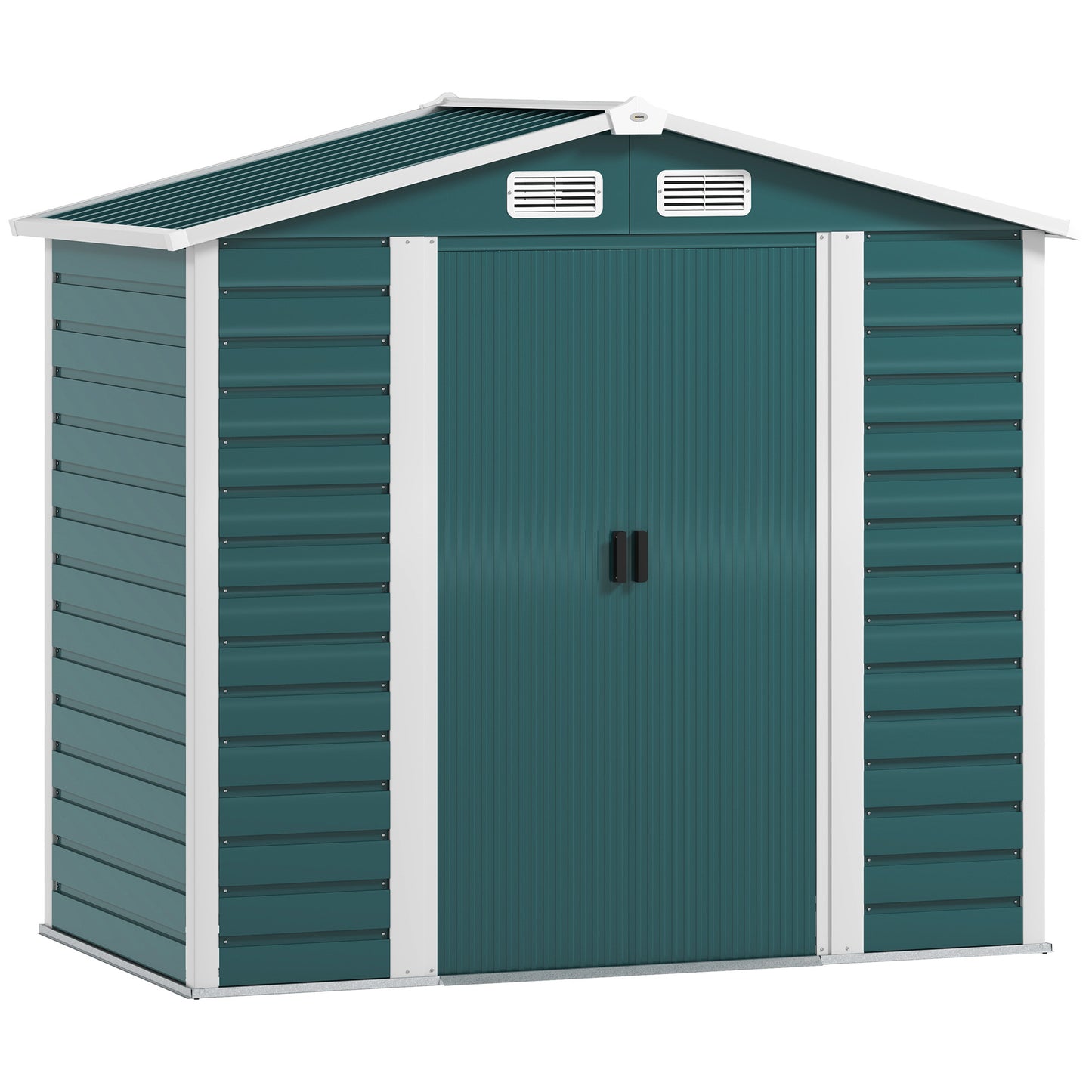 Photo of Outsunny 7 x 4ft Garden Shed, Easy to Assemble, Upgraded Galvanised Steel Frame with Foundation Kit, Double Doors with Lock, Outdoor Metal Shed with Vents and Gloves, Garden Storage Shed, Green in Green colour on a white background