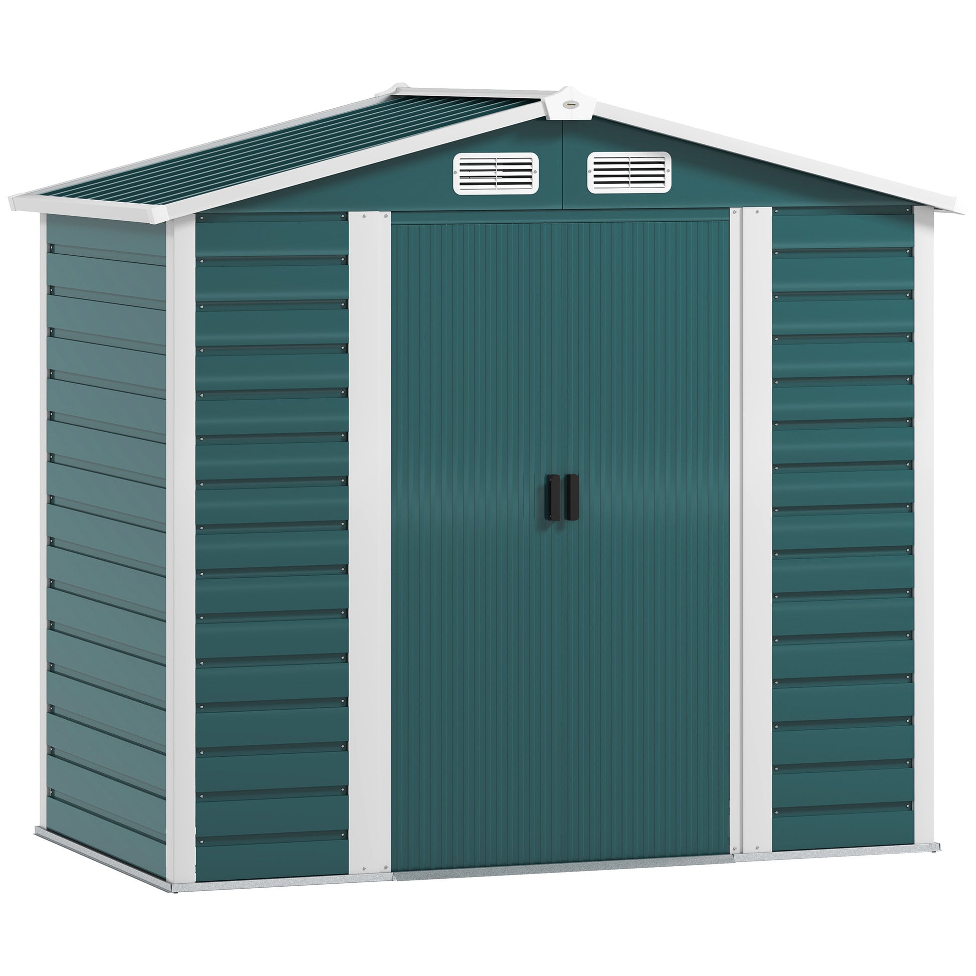 Photo of Outsunny 7 x 4ft Garden Shed, Easy to Assemble, Upgraded Galvanised Steel Frame with Foundation Kit, Double Doors with Lock, Outdoor Metal Shed with Vents and Gloves, Garden Storage Shed, Green in Green colour on a white background