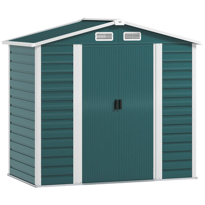 Green metal garden shed with peaked roof, double doors, vents, and white trim