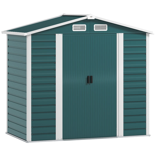 Photo of Outsunny 7 x 4ft Garden Shed, Easy to Assemble, Upgraded Galvanised Steel Frame with Foundation Kit, Double Doors with Lock, Outdoor Metal Shed with Vents and Gloves, Garden Storage Shed, Green in Green colour on a white background