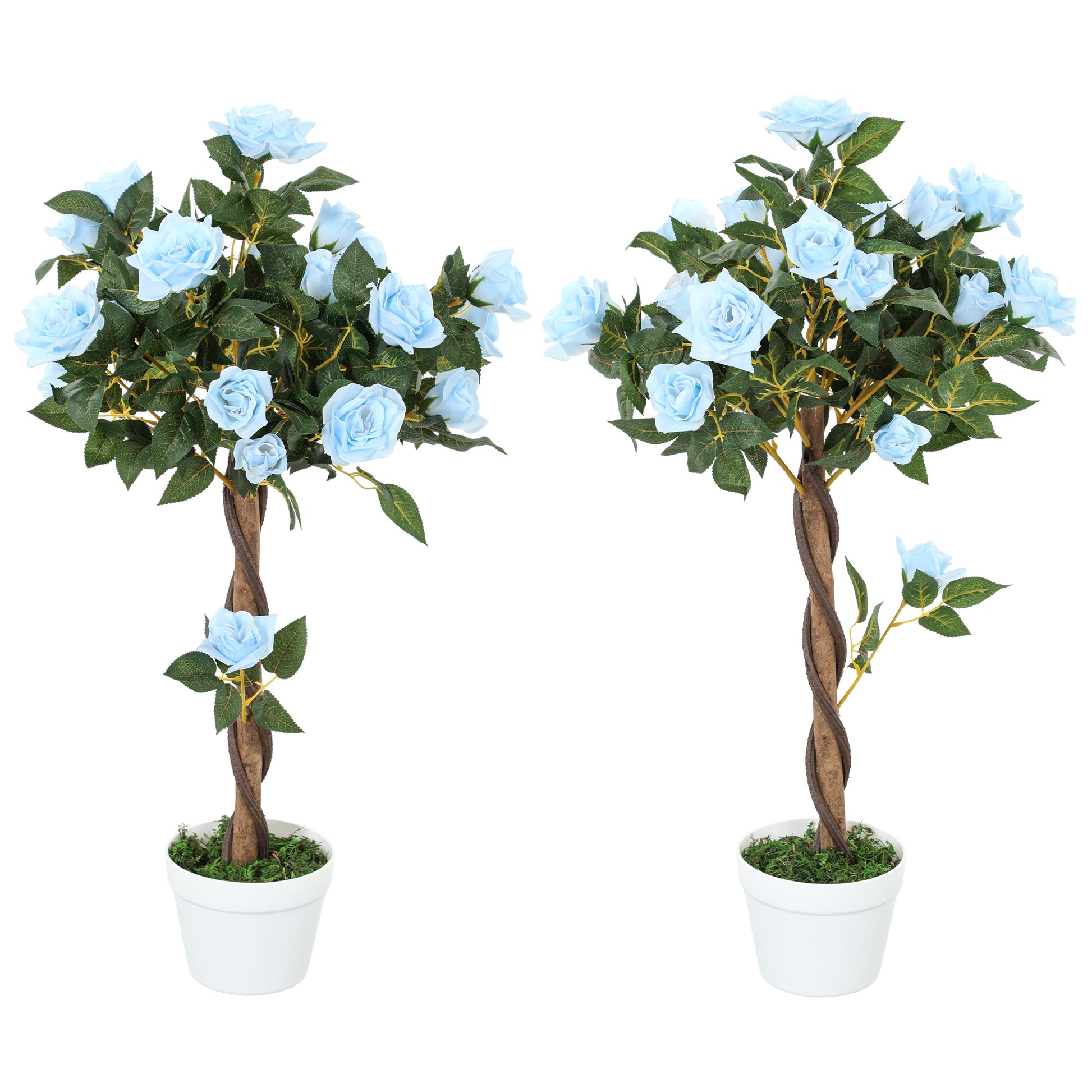 Photo of Outsunny Set of 2 Artificial Plants White Rose Floral in Pot, Fake Plants for Home Indoor Decor, 90cm, Light Blue in Blue colour on a white background