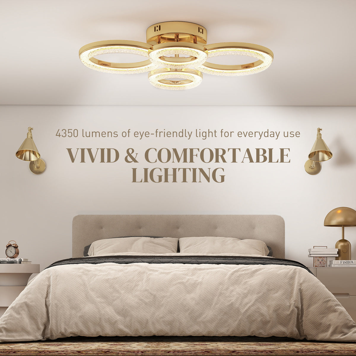 HOMCOM 4-Ring LED Ceiling Light, Flush Mount Ceiling Light with 3 Colour Temperatures, Gold Tone