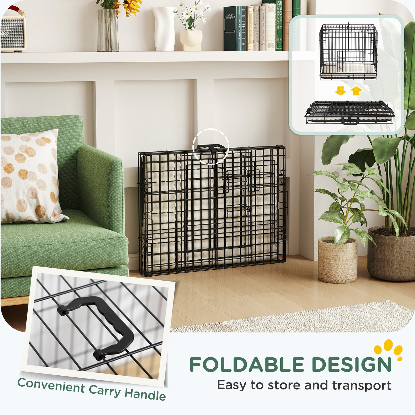 PawHut Foldable Dog Crate with Two Doors with Tray, Soft Cushion, for Extra Small Dogs, 60 x 45 x 50, Black