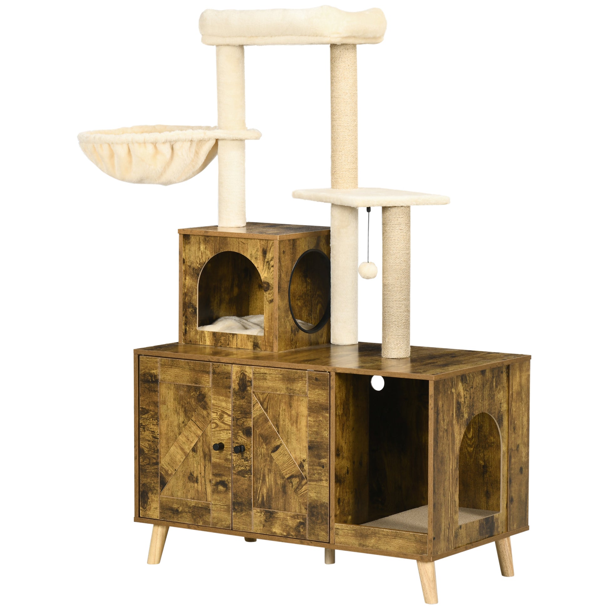 Photo of PawHut Cat Litter Box Enclosure, with Tree Tower, Cat House, Hammock, Cushion - Rustic Brown in Brown colour on a white background