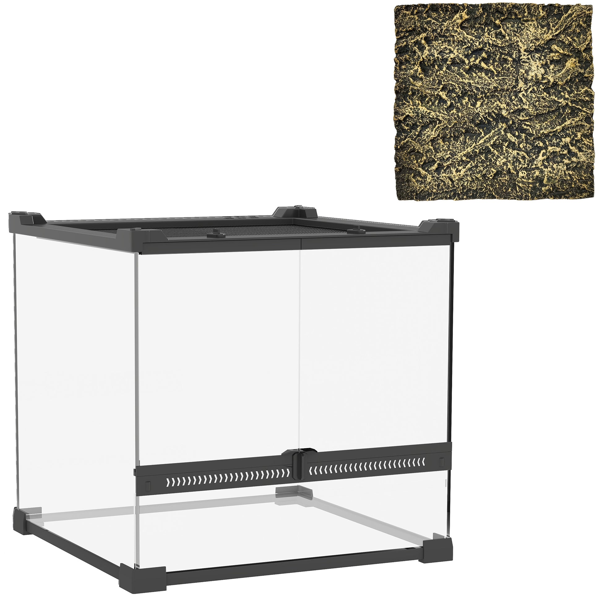 Photo of PawHut Reptile Glass Terrarium with Stone Background, Front Ventilation, Escape-Proof Knob Lock, 30 x 30 x 30 cm, Black in Black colour on a white background