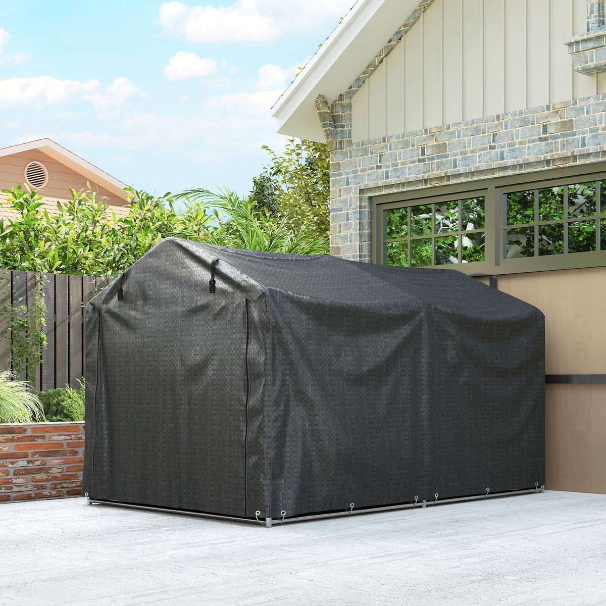 Closed black garden storage tent with a peaked roof and tie-down loops