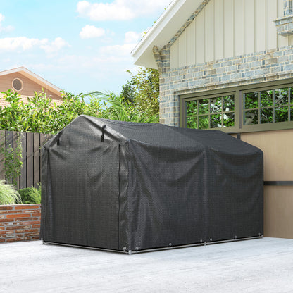 Closed black garden storage tent with a peaked roof and tie-down loops