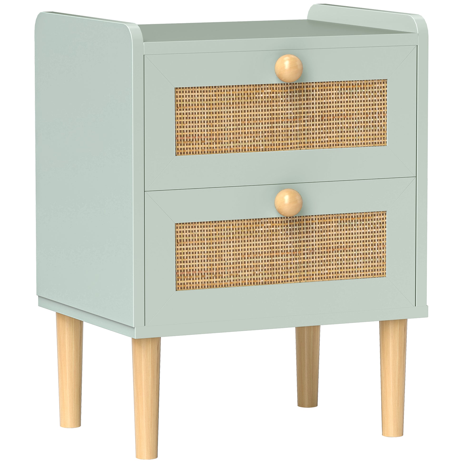 Photo of HOMCOM Bedroom Chest of Drawers, Boho Rattan Dresser with 2 Drawers, Storage Cabinet for Living Room, Hallway, Entryway, Olive Green in Green colour on a white background