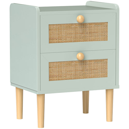 Photo of HOMCOM Bedroom Chest of Drawers, Boho Rattan Dresser with 2 Drawers, Storage Cabinet for Living Room, Hallway, Entryway, Olive Green in Green colour on a white background