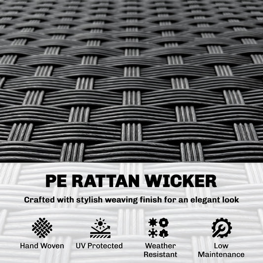 Close-up of black PE rattan wicker weave with hand-woven texture.