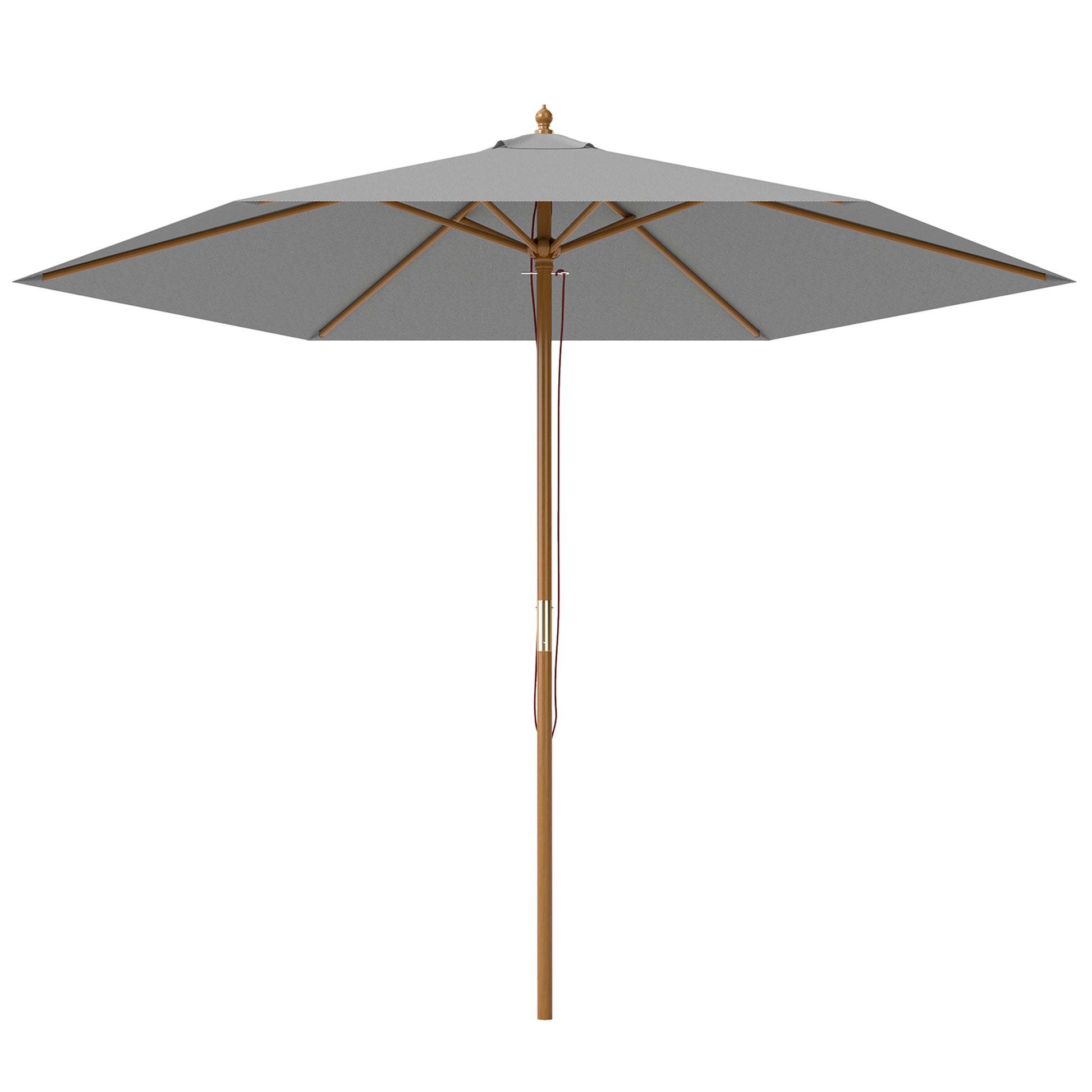 Photo of Outsunny 2.5m Wood Garden Parasol Sun Shade Patio Outdoor Wooden Umbrella Canopy, Table Market Umbrella with Vent, 38mm Pole, Rope Pulley Mechanism, Light Grey in Grey colour on a white background