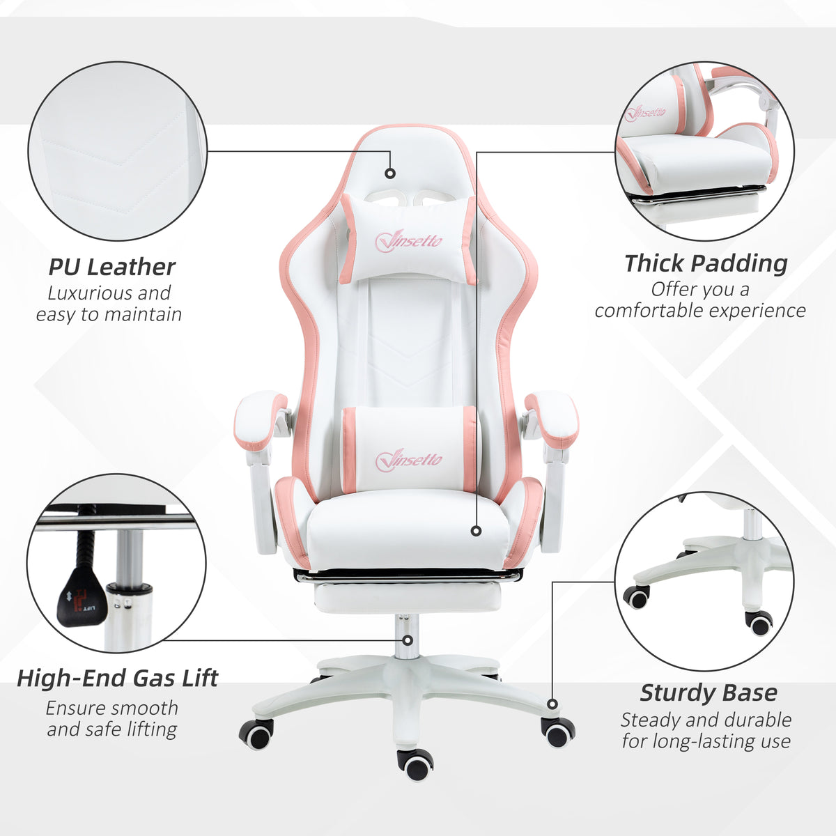 Vinsetto Gaming Chair, Computer Gamer Chair with Reclining High Back, Headrest, Lumbar Support, Footrest, Swivel Wheels, PU Leather, Adjustable Height for Home, White and Pink