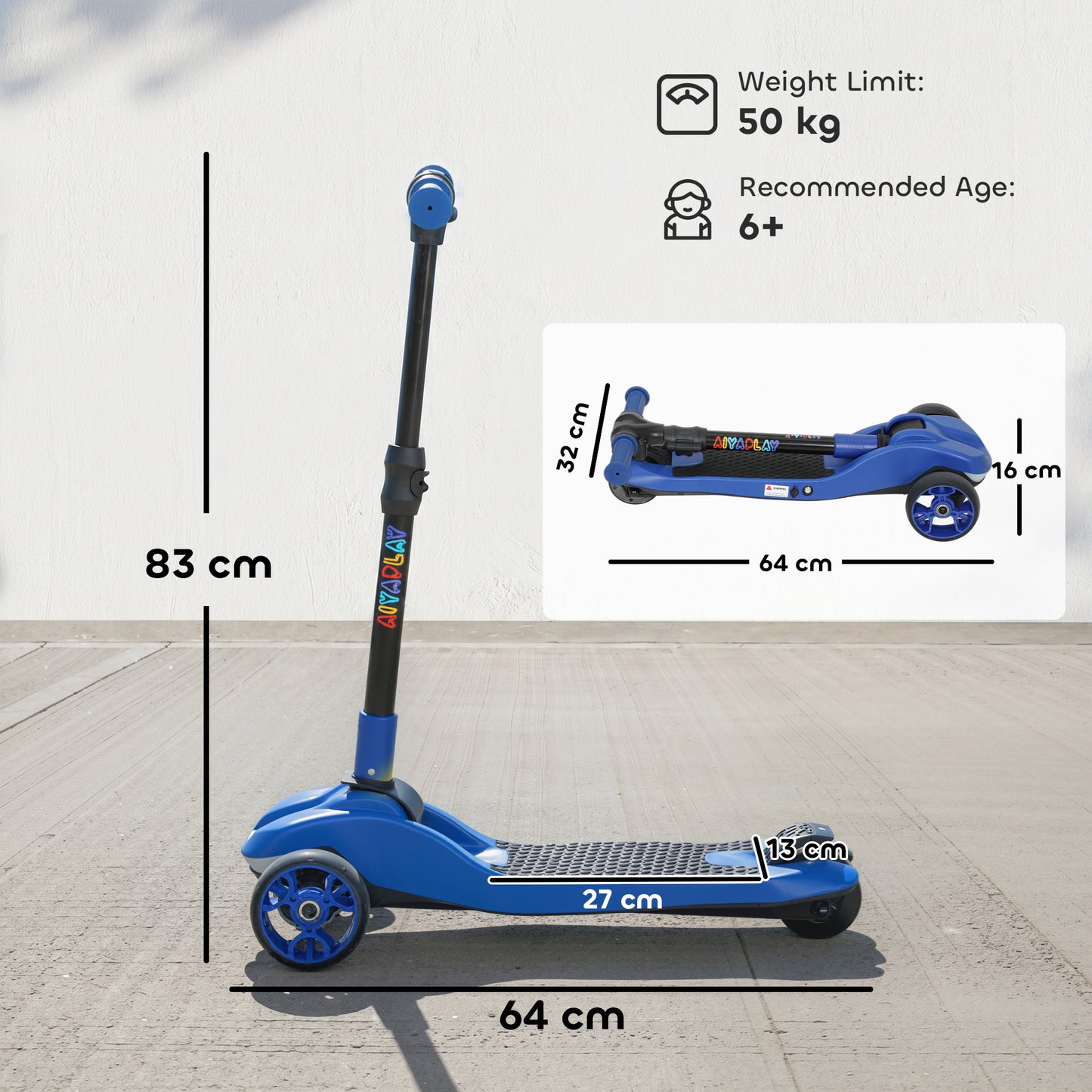 AIYAPLAY Three-Wheel Foldable Electric Scooter for Kids Aged 6-10 Years, Blue