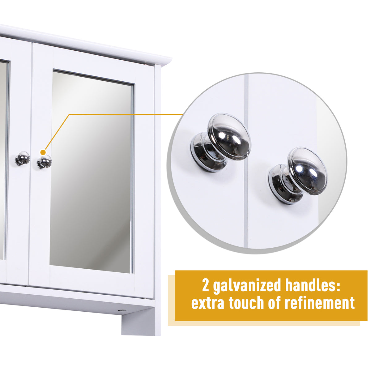 Close-up of the cabinet's two rounded chrome door knobs