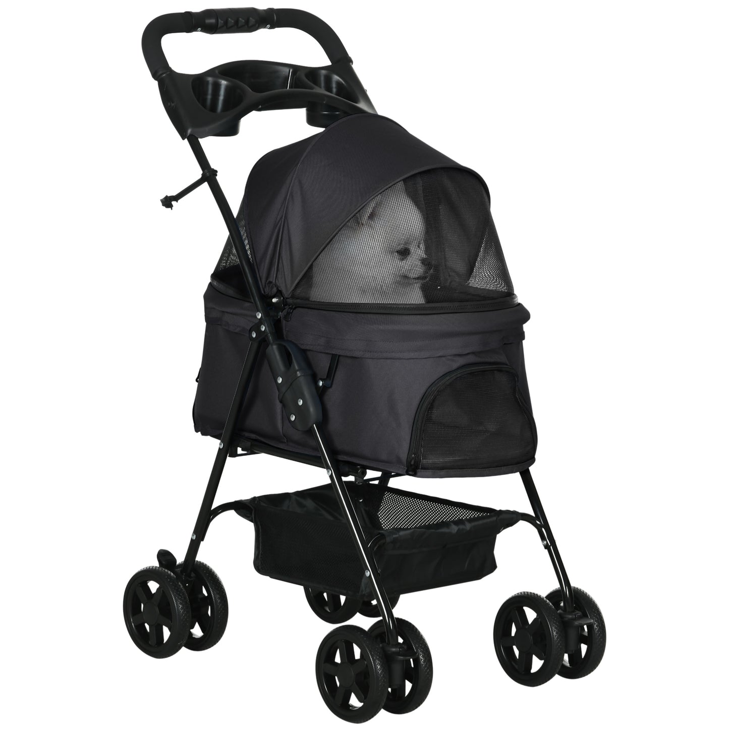 Photo of PawHut Dog Pram Dog Stroller Foldable Pet Pushchair with 4 Wheels, Safety Leashes, Cup Holder for Small Dogs, Black in Black colour on a white background